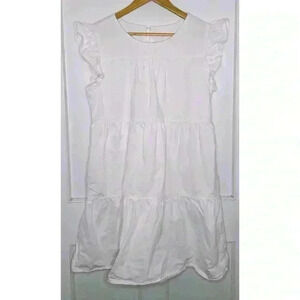 White  Cotton Tiered Dress with Ruffled Arms